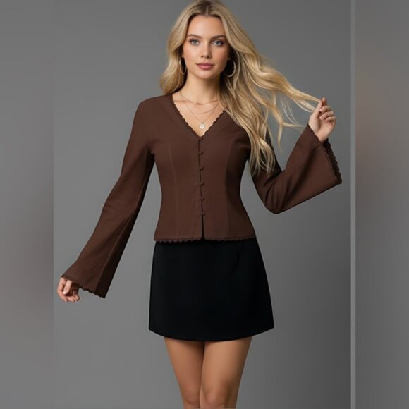 Boho Lace Cap Sleeve Single Button Blouse Brown - Picture 4 of 8